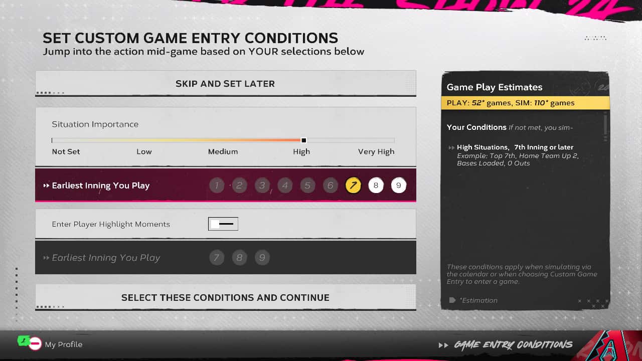 MLB The Show 24 Franchise Mode: Setting the Custom Game Entry Conditions in Franchise Mode