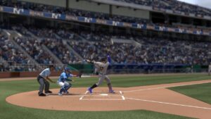How to hit better mlb the show 24: Player swings bat at home plate