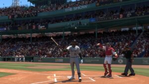A batter swings at a pitch in MLB The Show 24, a baseball video game simulation featuring the best players to sign and trade for.
