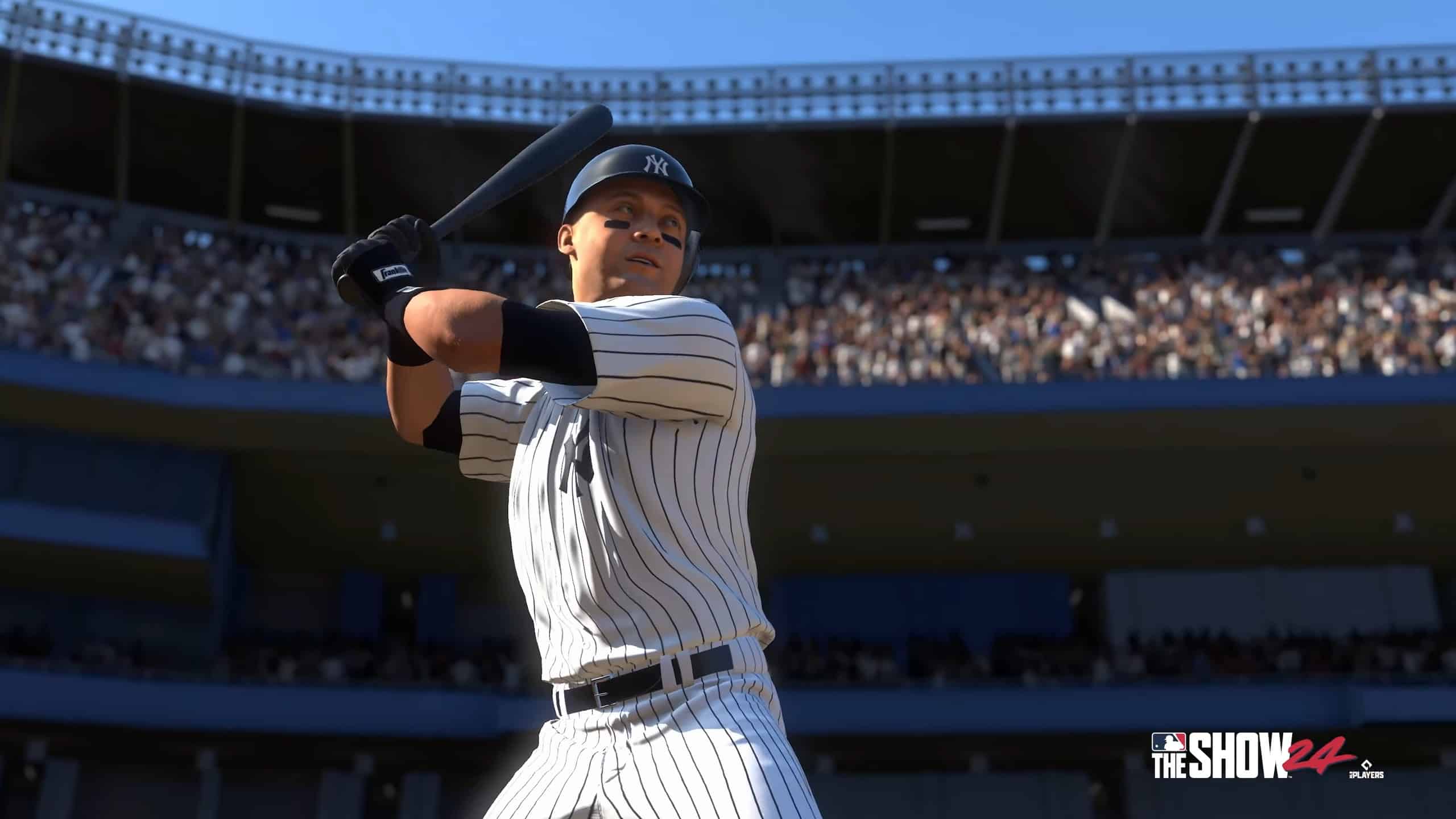 A baseball player from the Yankees ready to bat in a stadium, from the video game "MLB The Show 24".