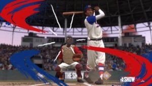 MLB The Show 24 pre load and download size: A batter hitting a ball with some artistic impact lines.