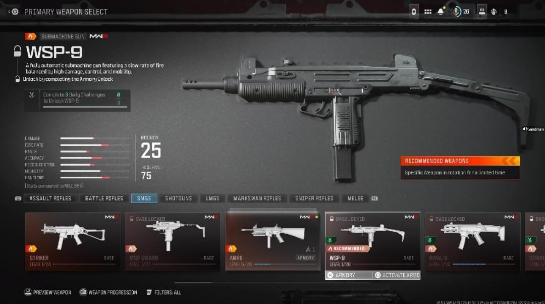 A screenshot of the WSP-9 loadout in MW3, showcasing the weapons.