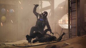 A player stabs an enemy in the game.