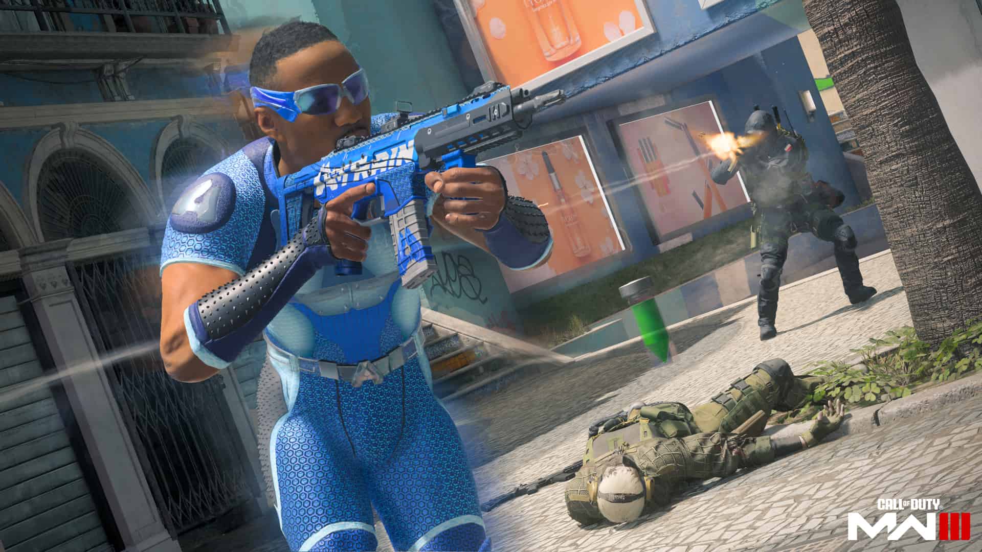A man in a blue suit is holding a gun from one of the MW3 Season 1 Reloaded bundles.