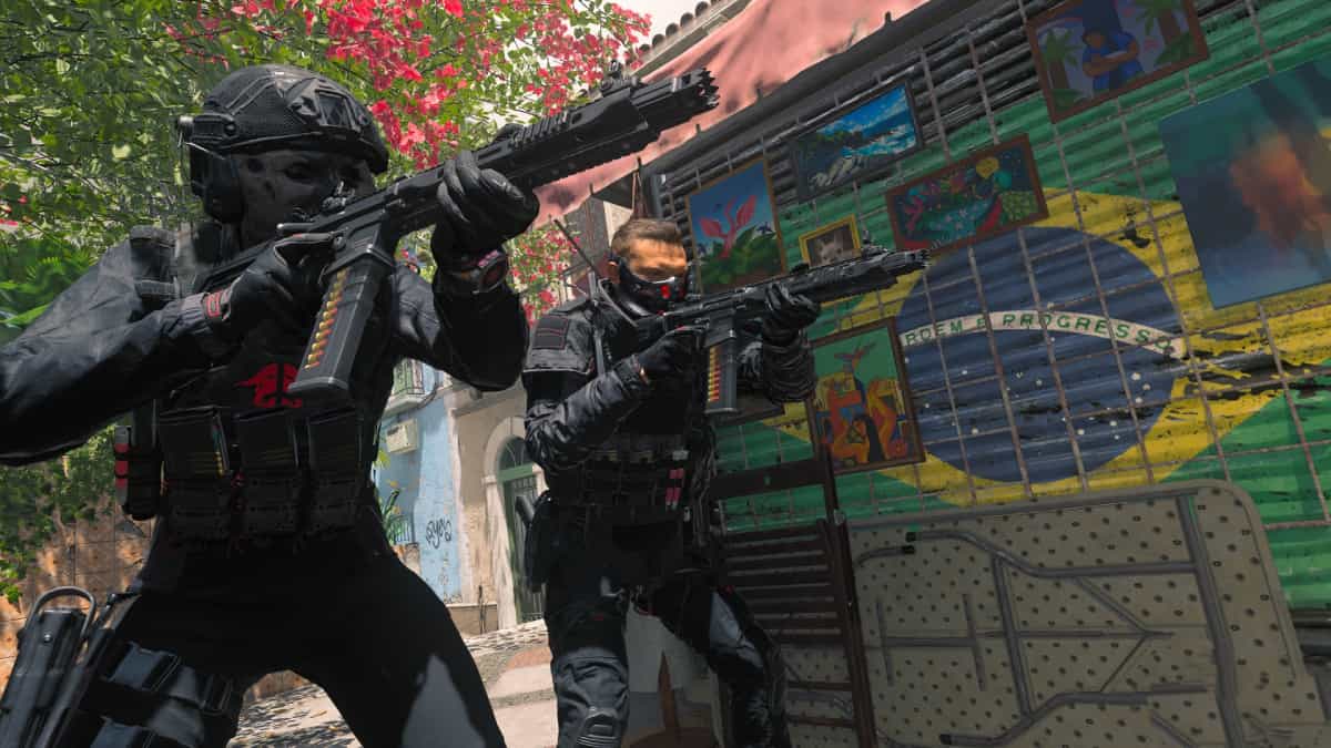 Two men in black uniforms holding guns during a MW3 gameplay.