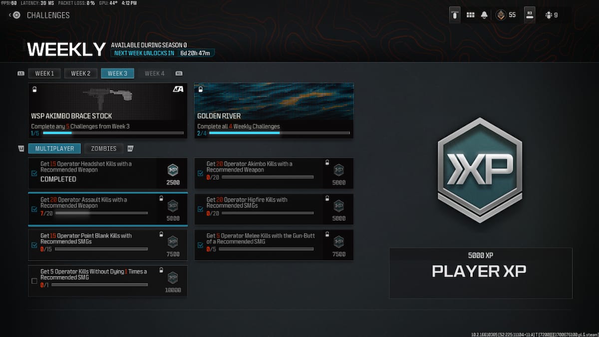 A screenshot of the Xbox weekly page featuring Operator Assault kills in MW3.