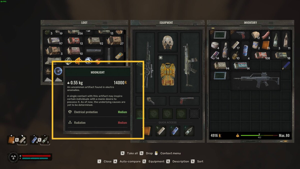 Stalker 2 artifact locations: inventory menu.