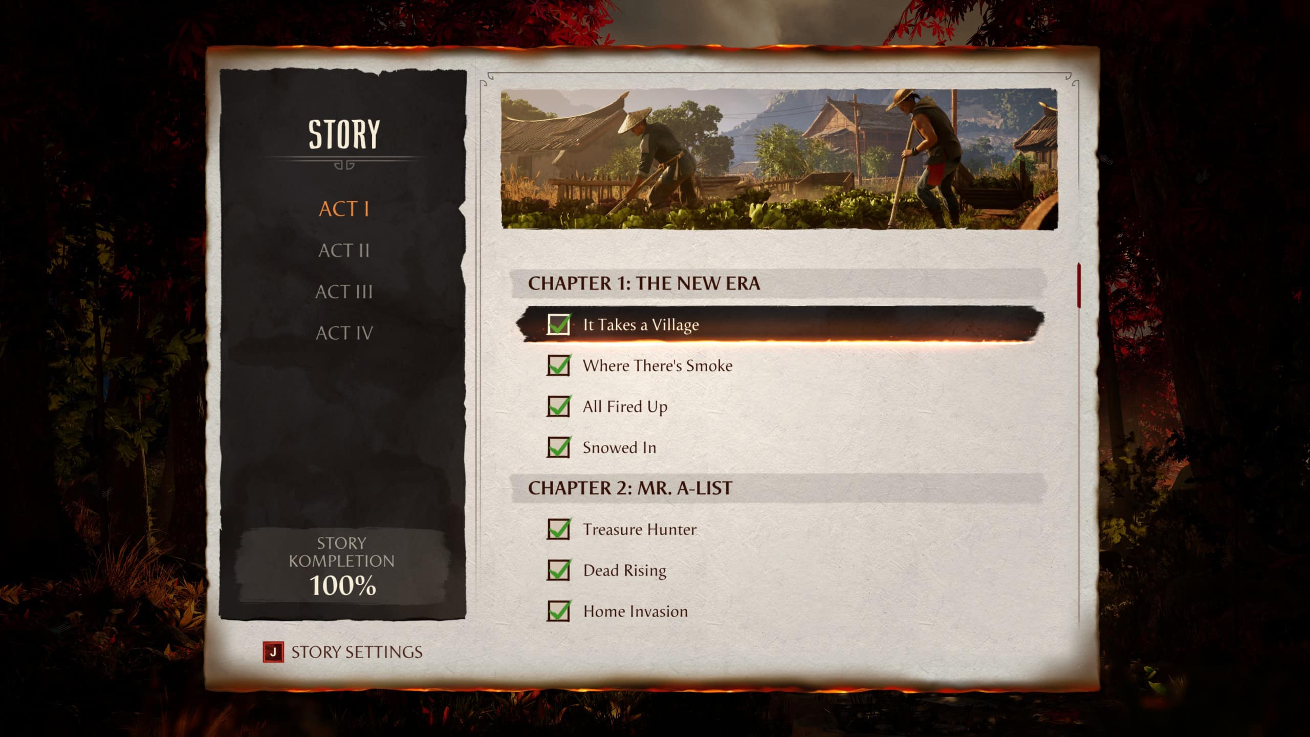 Mortal Kombat 1 chapters: An image of the in-game campaign menu with the first act highlighted.
