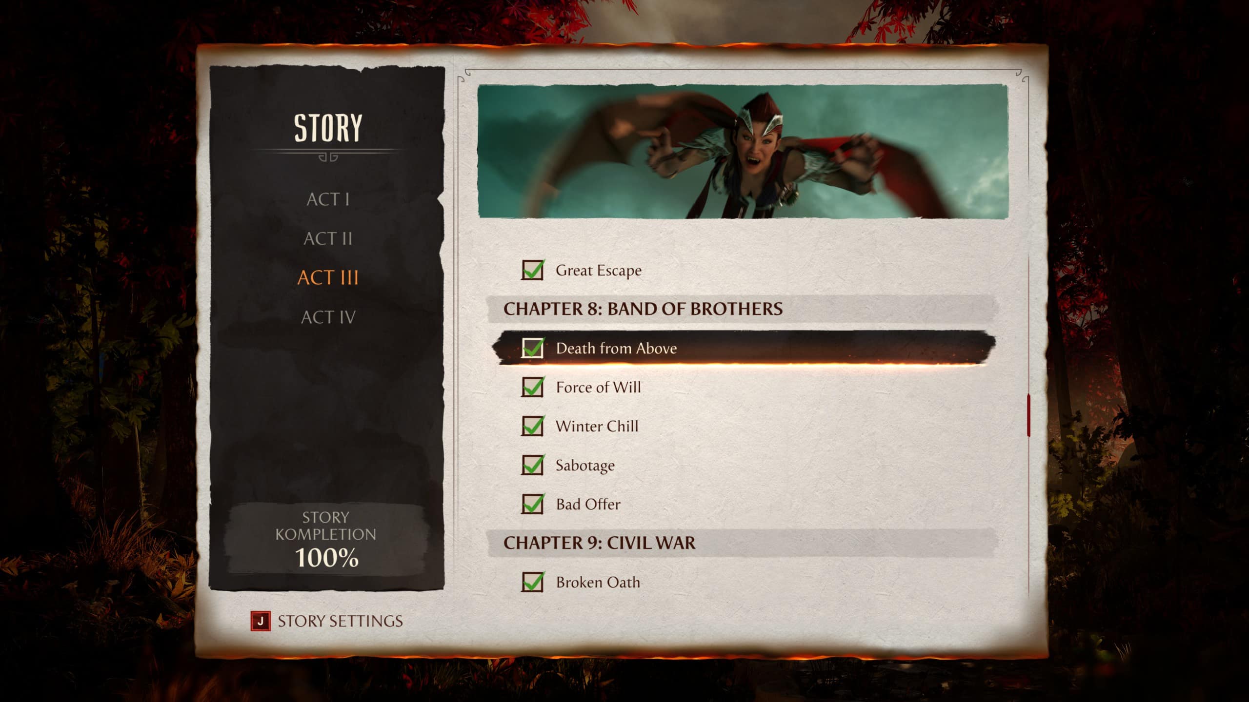 Mortal Kombat 1 chapters: An image of the in-game campaign menu with the third act highlighted.