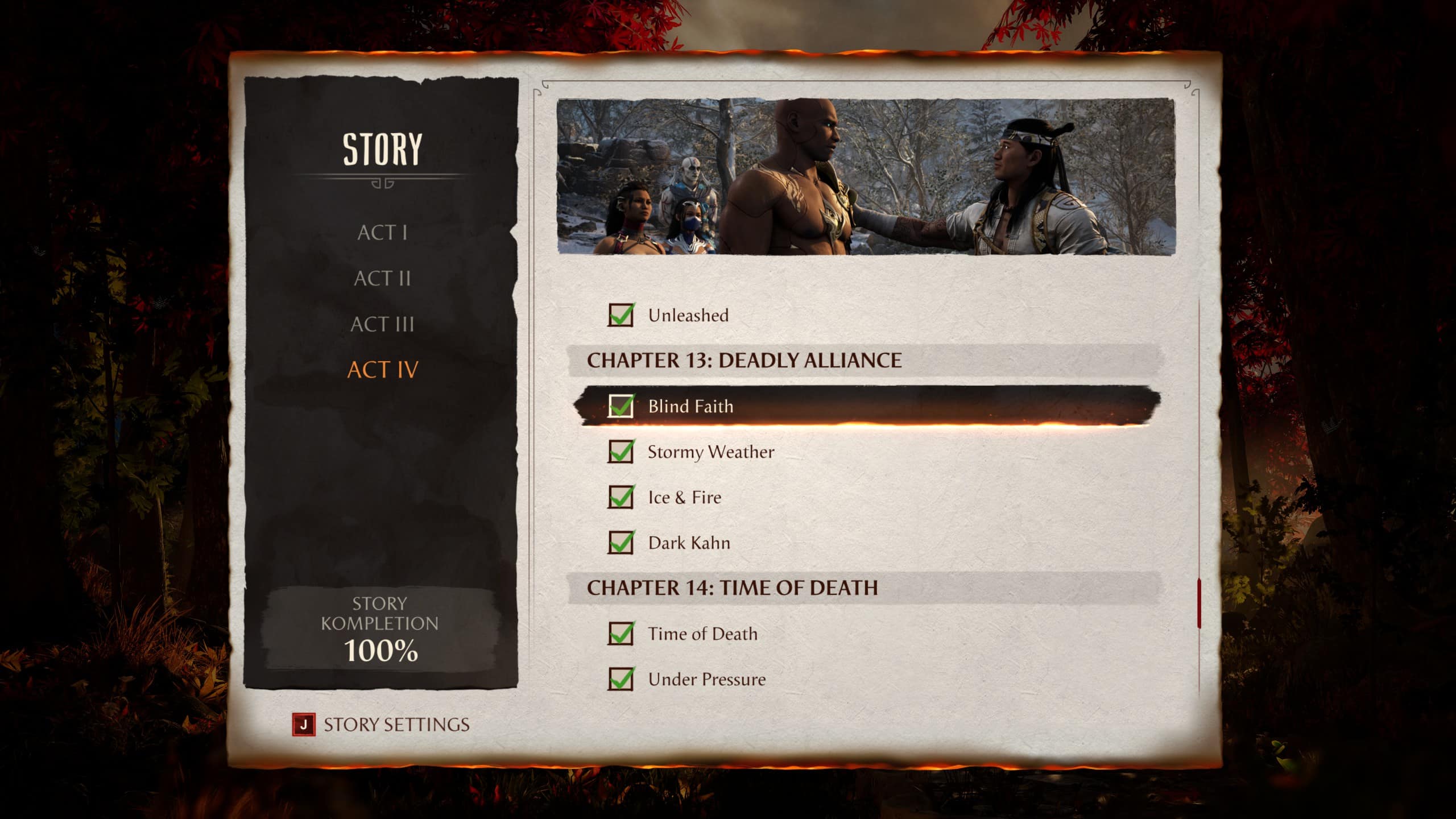 Mortal Kombat 1 chapters: An image of the in-game campaign menu with the fourth act highlighted.