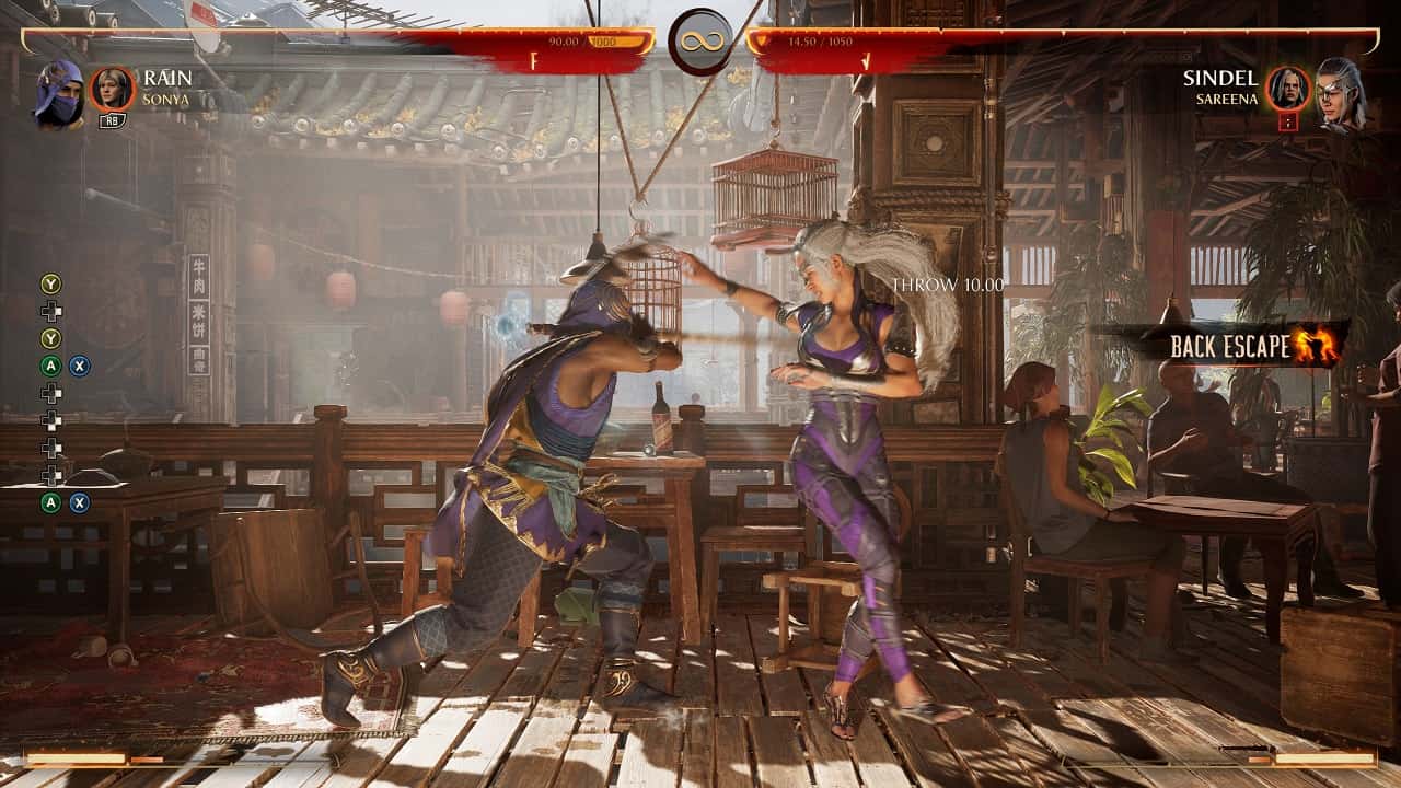 Mortal Kombat 1 escape throws: An image of Sindel escaping a throw from Rain in the game.
