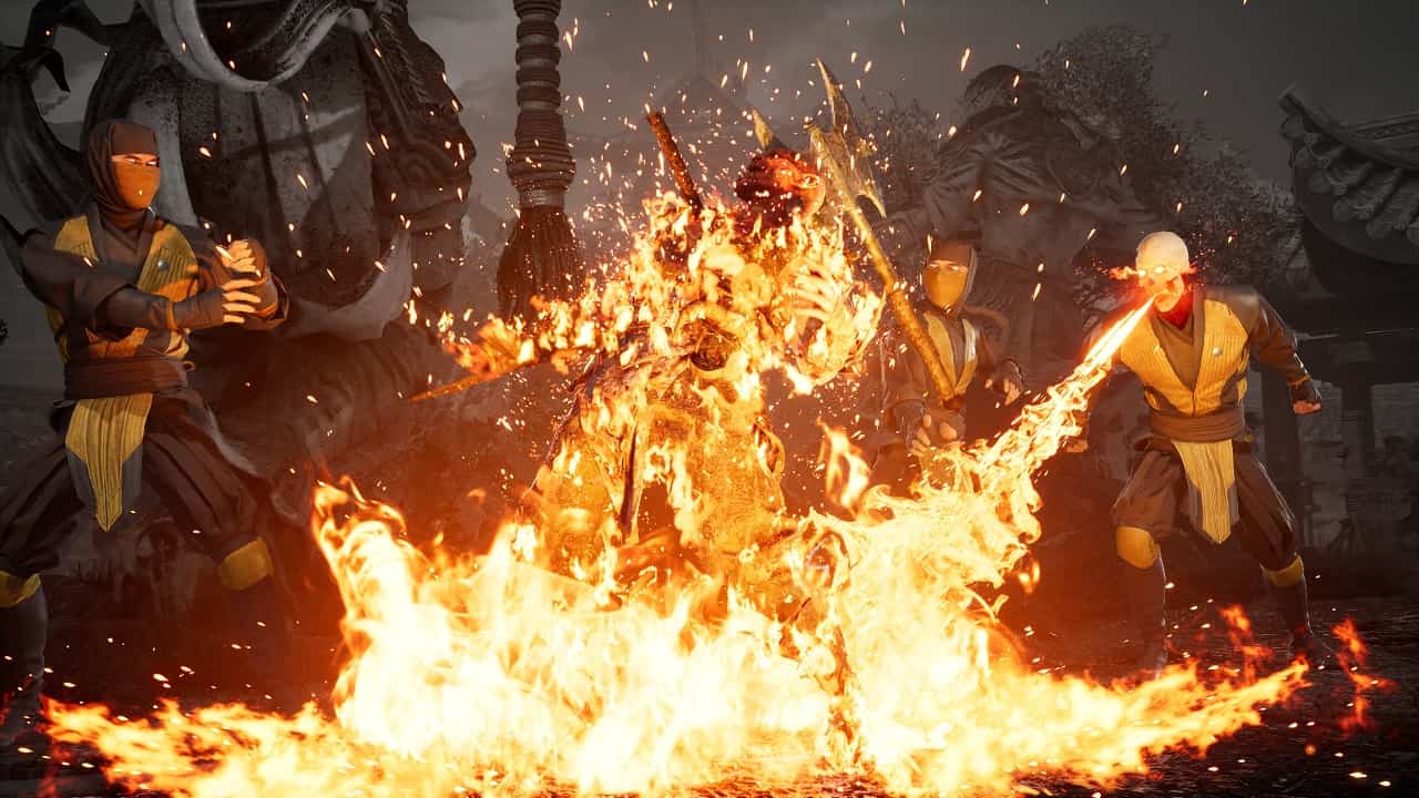 Mortal Kombat 1 fatalities: An image of Scorpion's Gang War fatality in the latest Mortal Kombat game.