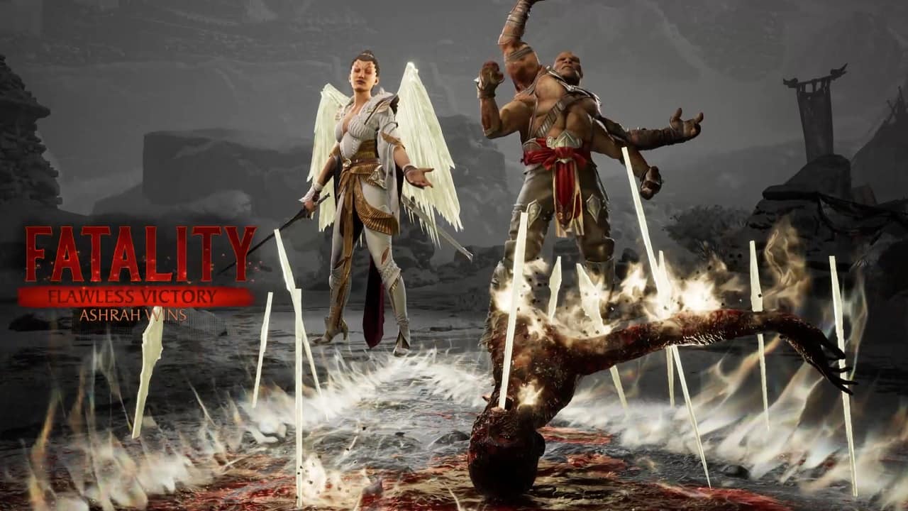 Mortal Kombat 1 fatalities: An image of Ashrah's Heavenly Light fatality in the latest Mortal Kombat game.