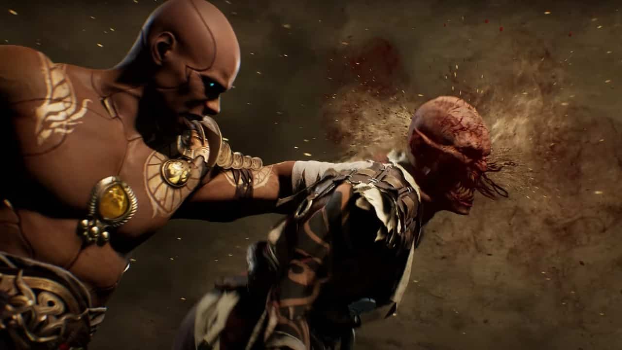 Mortal Kombat 1 fatalities: An image of Geras' Sandstorm fatality in the latest Mortal Kombat game.