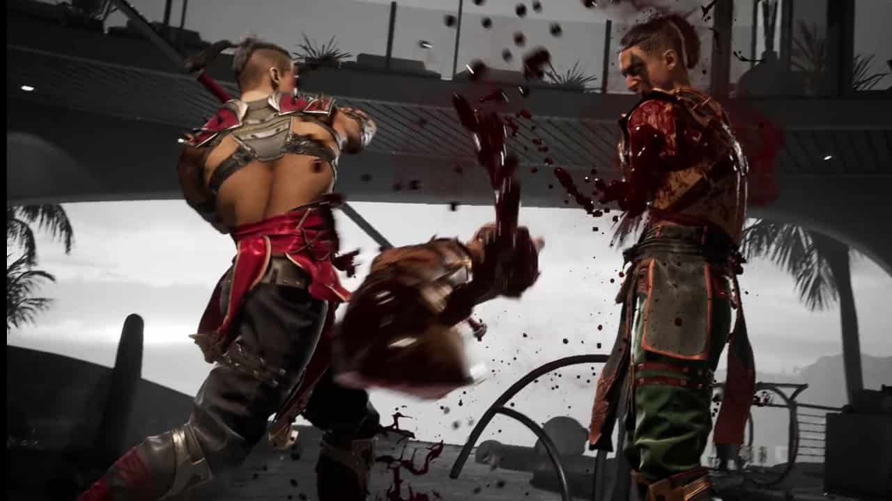 Mortal Kombat 1 fatalities: An image of Reiko's The Impaler fatality in the latest Mortal Kombat game.