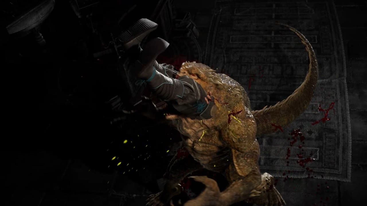 Mortal Kombat 1 fatalities: An image of Reptile's Indigestion fatality in the latest Mortal Kombat game.