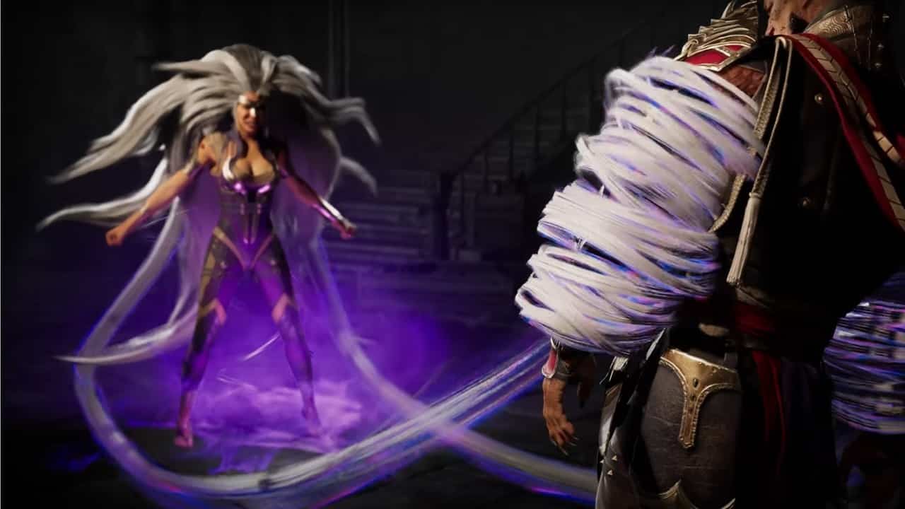 Mortal Kombat 1 fatalities: An image of Sindel's Hair Comes Trouble fatality in the latest Mortal Kombat game.