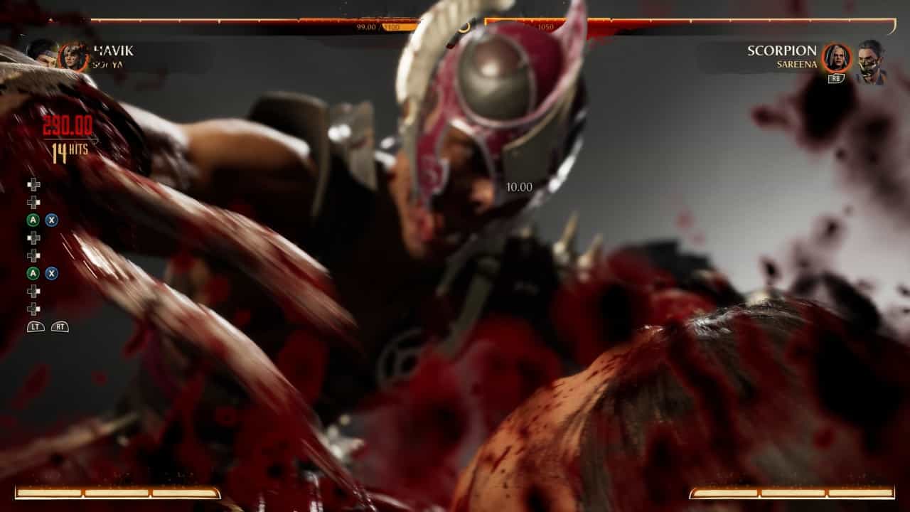 Mortal Kombat 1 Havik: An image of Havik fighting Scorpion with his Fatal Blow in the game.