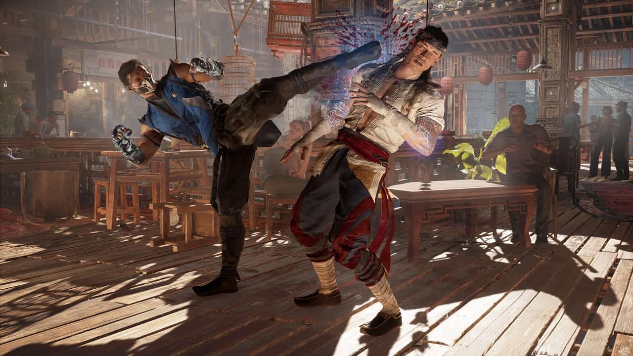Mortal Kombat 1 how to unlock fatality: Sub-zero fights another character in a bar in the game.