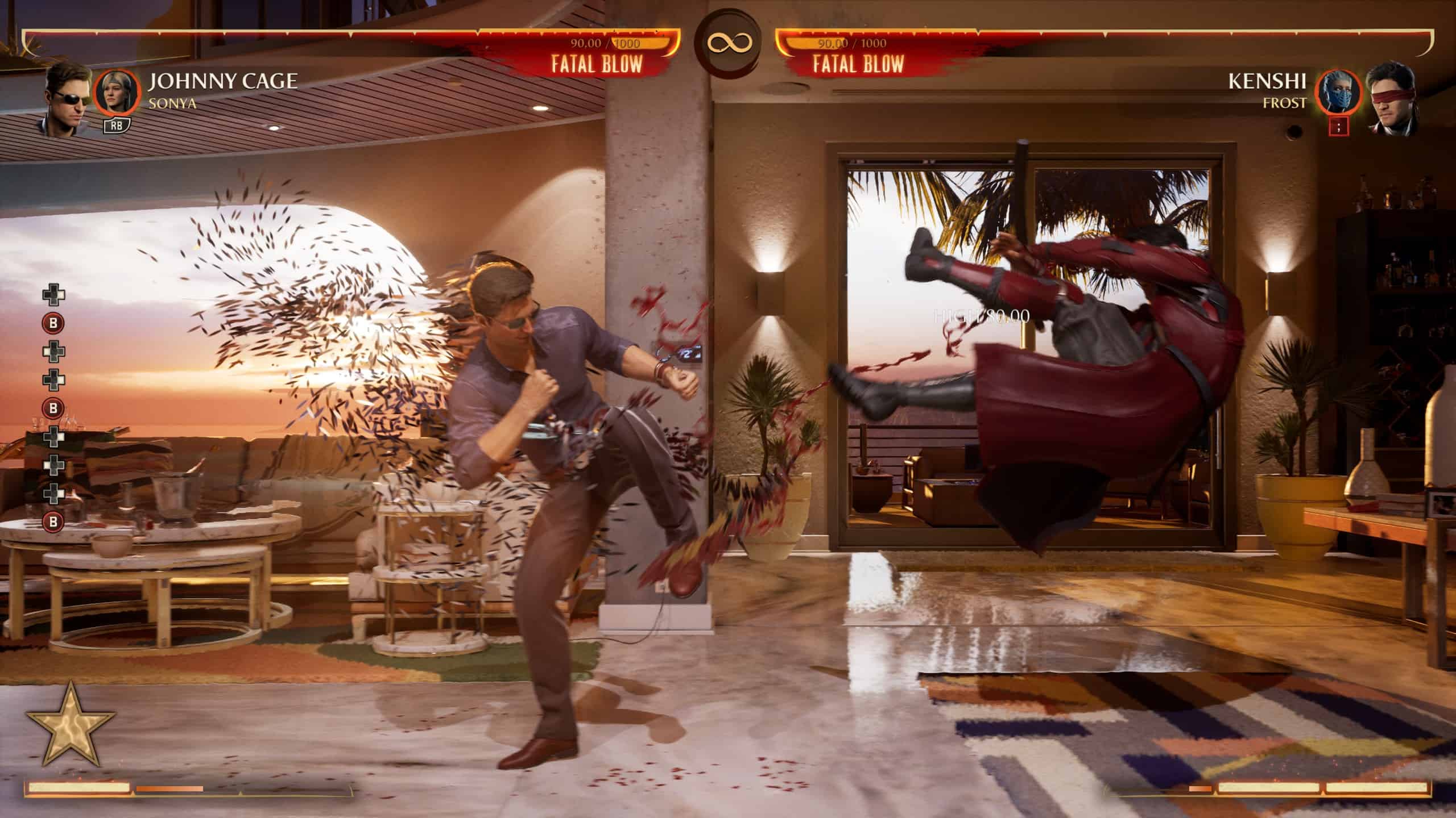 Mortal Kombat 1 Johnny Cage: An image of Johnny Cage kicking Kenshi in his mansion.