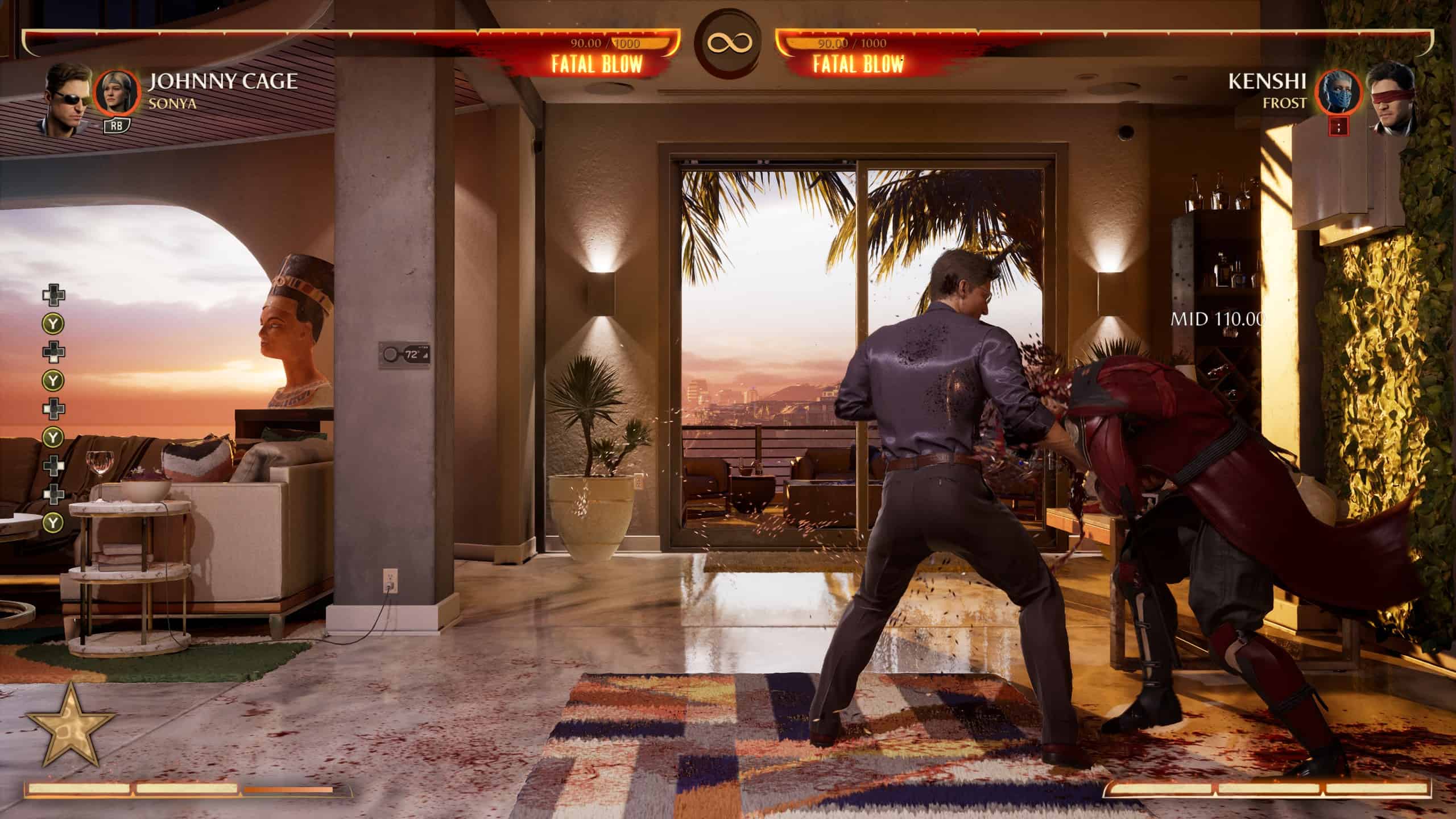 Mortal Kombat 1 Johnny Cage: An image of Johnny Cage fighting Kenshi in his mansion.