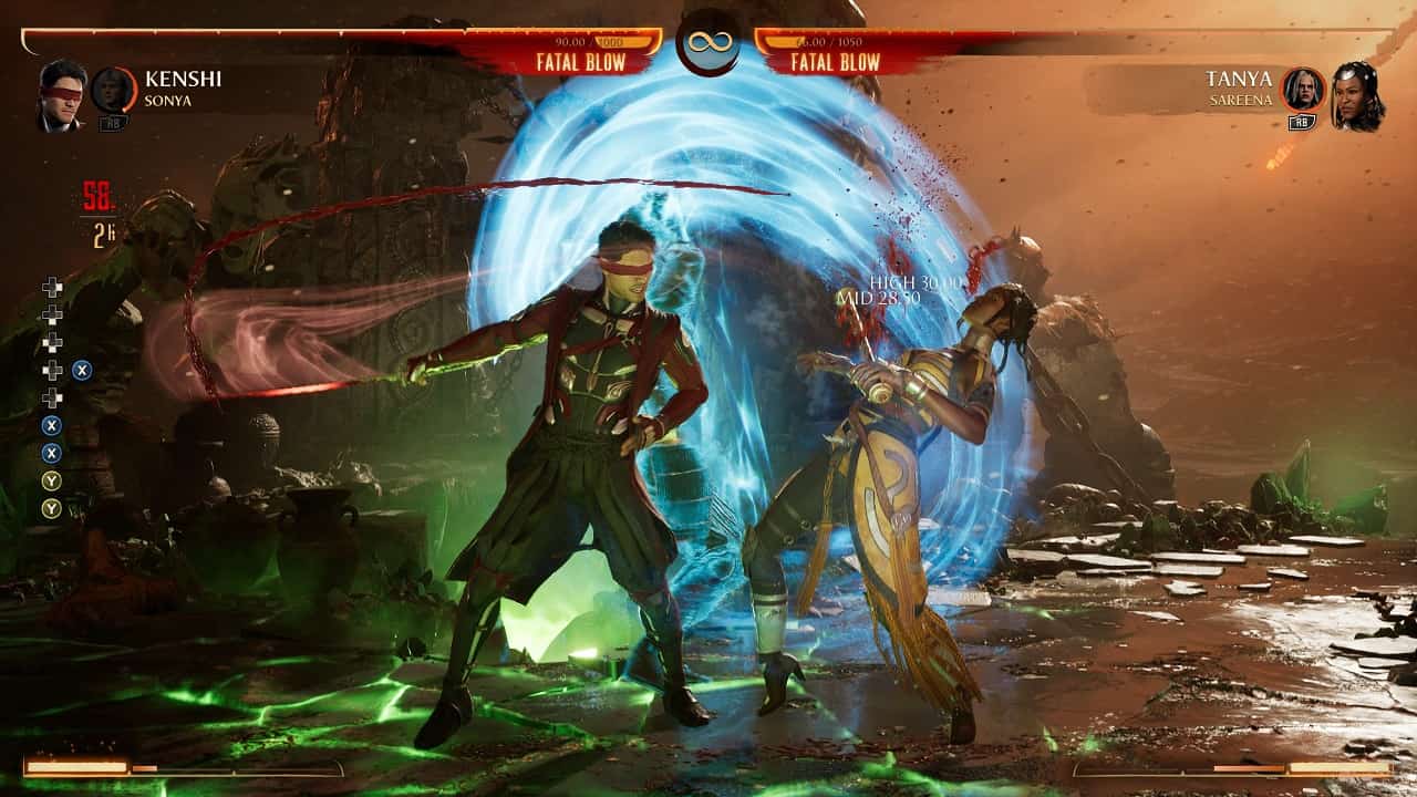 Mortal Kombat 1 Kenshi: An image of Kenshi fighting Tanya in the game.