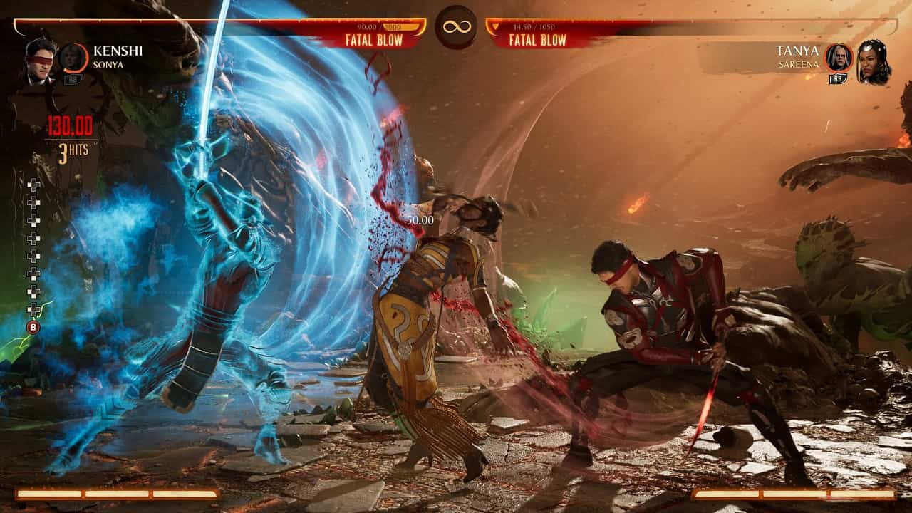 Mortal Kombat 1 Kenshi: An image of Kenshi fighting Tanya in the game.