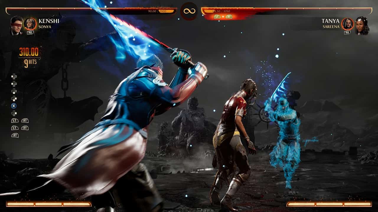 Mortal Kombat 1 Kenshi: An image of Kenshi fighting Tanya by using his Fatal Blow in the game.