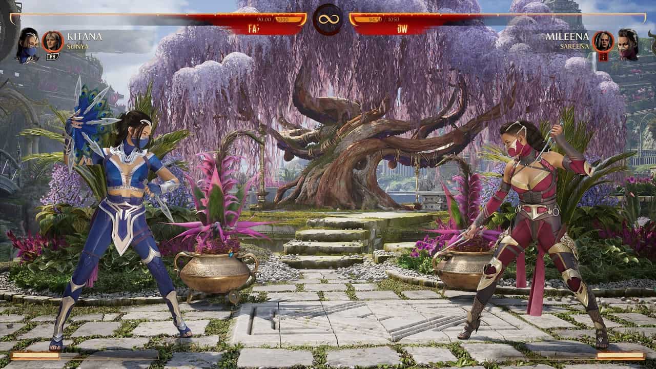 Mortal Kombat 1 Kitana: An image of Kitana fighting Mileena in the game.