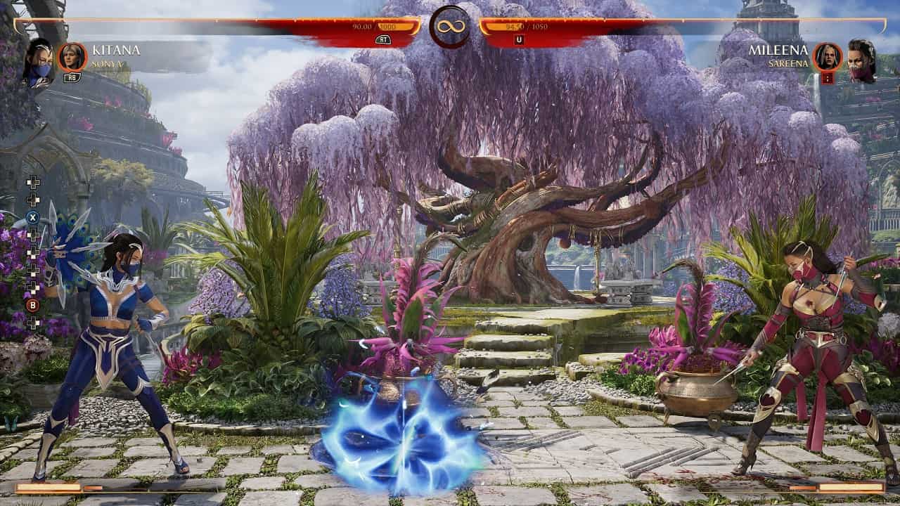 Mortal Kombat 1 Kitana: An image of Kitana fighting Mileena in the game.