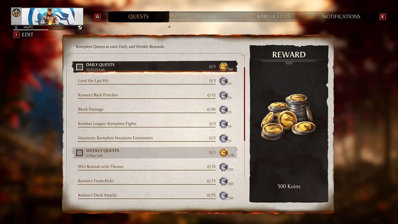 MK1 Koins and Dragon Krystals: An image of the in-game menu with the Koins reward highlighted.
