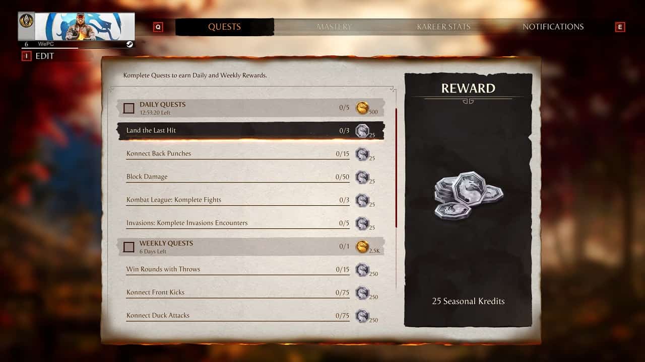 MK1 Koins and Dragon Krystals: An image of the in-game menu with the Seasonal Kredits highlighted.