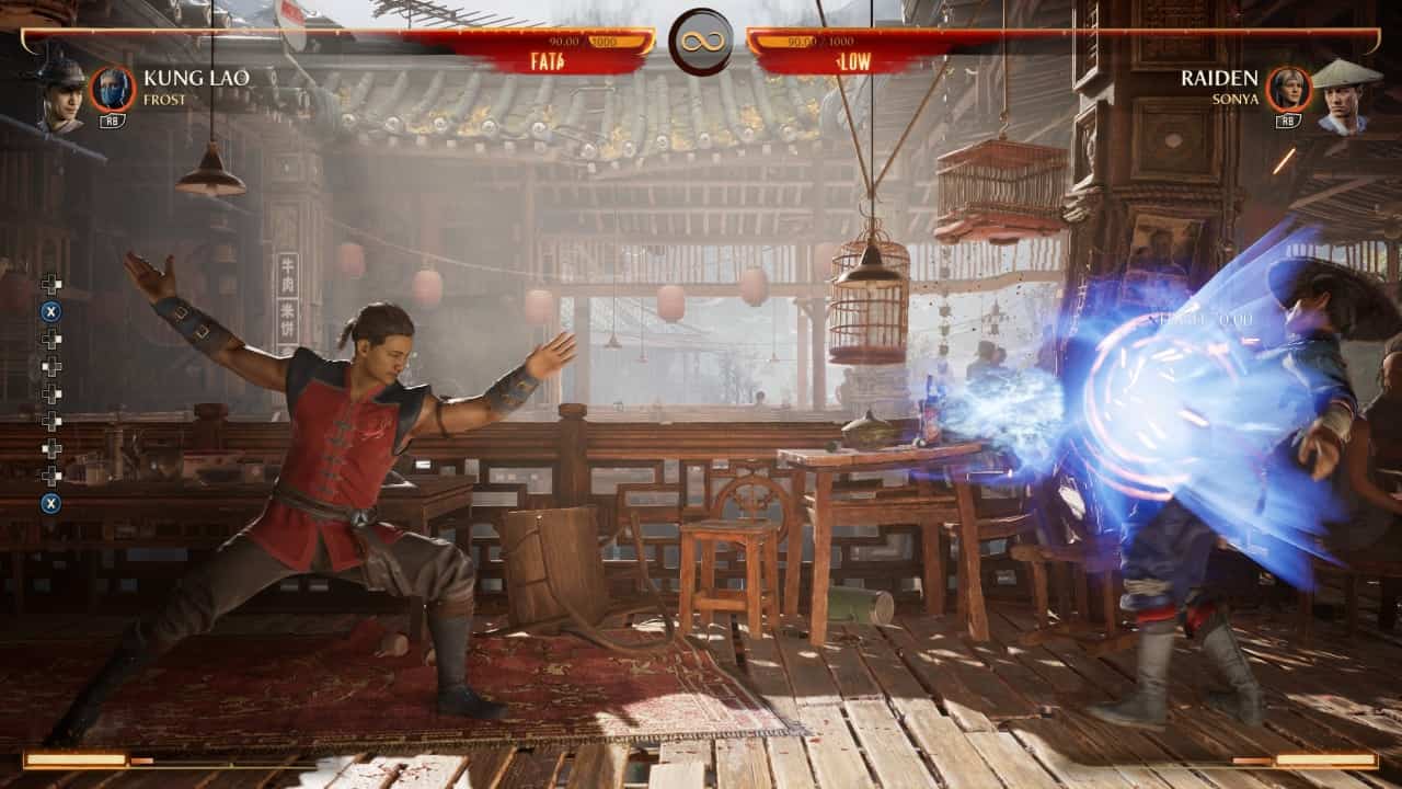 Mortal Kombat 1 Kung Lao: An image of Kung Lao fighting Raiden in the game.