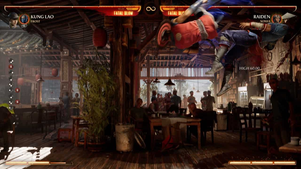 Mortal Kombat 1 Kung Lao: An image of Kung Lao fighting Raiden in the game.