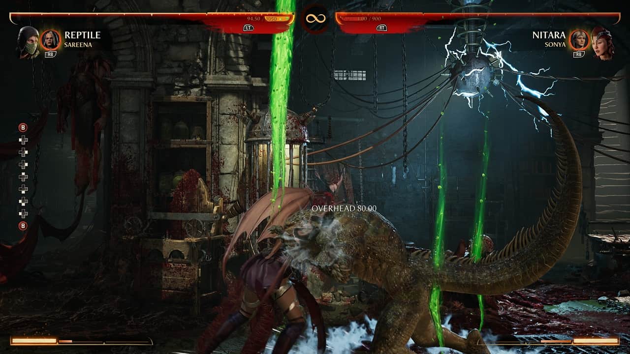 Mortal Kombat 1 Reptile: An image of Reptile fighting Nitara in the game.