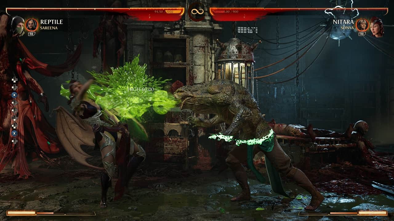 Mortal Kombat 1 Reptile: An image of Reptile fighting Nitara in the game.
