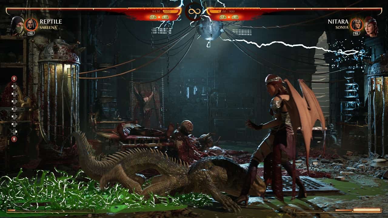 Mortal Kombat 1 Reptile: An image of Reptile fighting Nitara in the game.