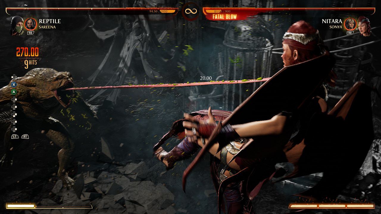 Mortal Kombat 1 Reptile: An image of Reptile fighting Nitara with his Fatal Blow in the game.