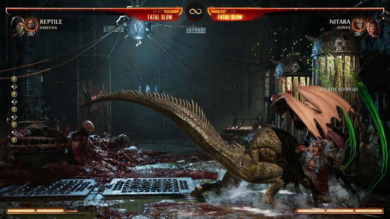 Mortal Kombat 1 Reptile: An image of Reptile fighting Nitara in the game.