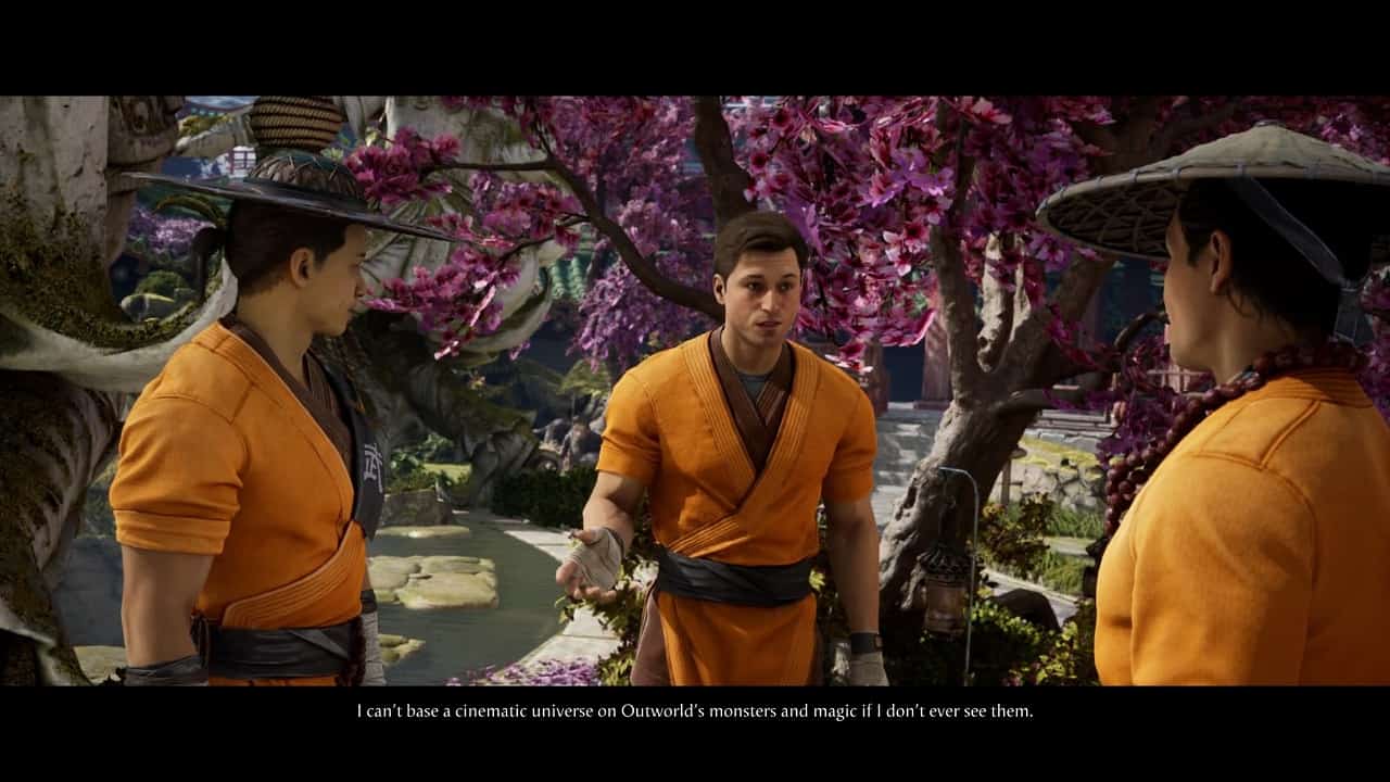 Mortal Kombat 1 review: Characters Raiden, Kung Lao, and Johnny Cage speak with each other in the game.