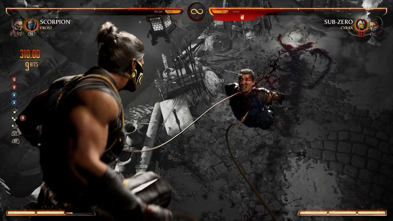 Mortal Kombat 1 Scorpion: An image of Scorpion fighting Sub-Zero with his Fatal Blow attack in the game.