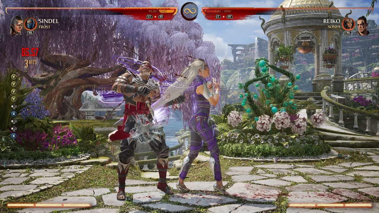 Mortal Kombat 1 Sindel: An image of Sindel fighting Reiko in the game.
