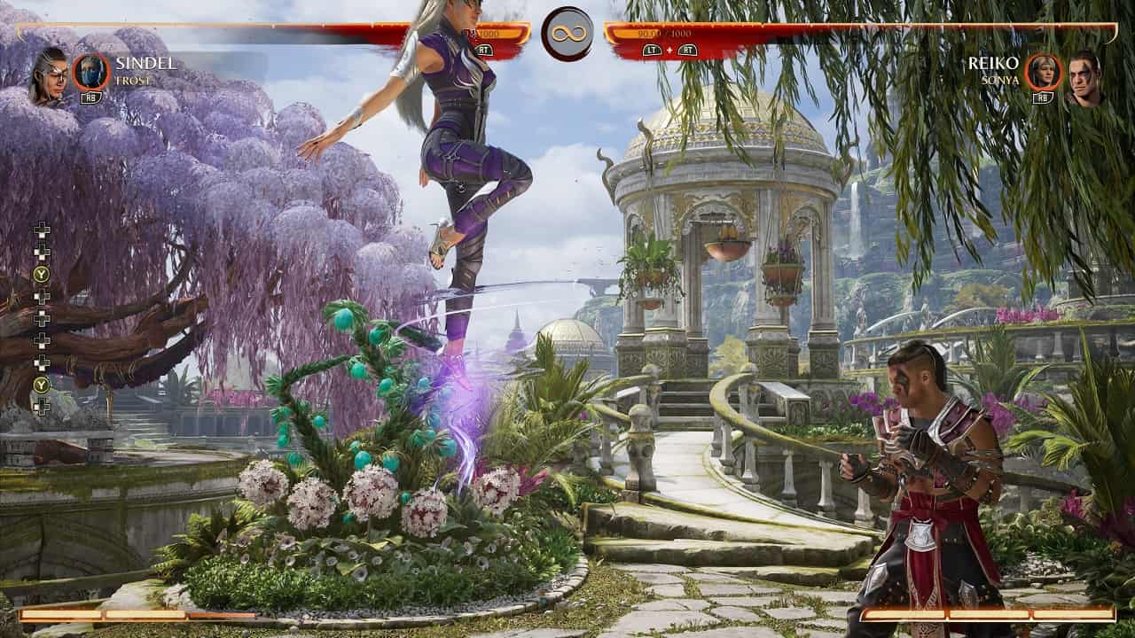 Mortal Kombat 1 Sindel: An image of Sindel fighting Reiko in the game.