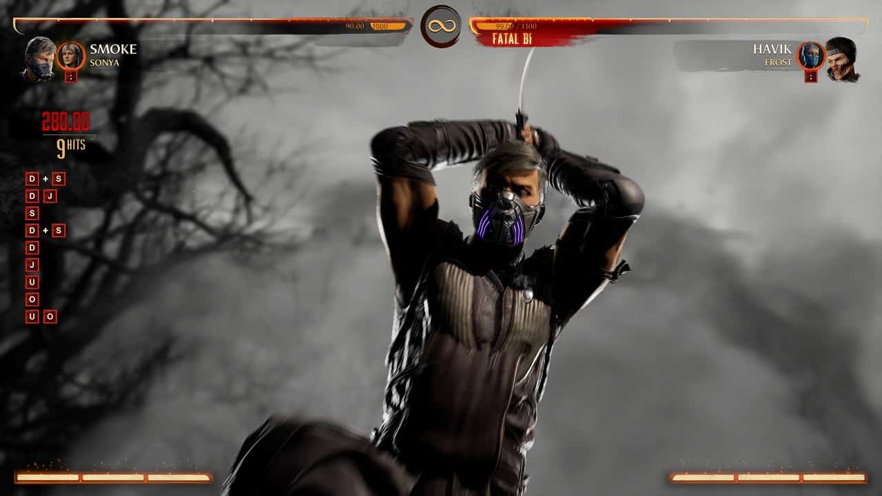 Mortal Kombat 1 Smoke: An image of Smoke fighting Havik with his Fatal Blow in the game.