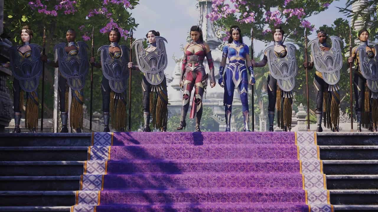 Mortal Kombat 1 tips: A group of women standing on a purple staircase.