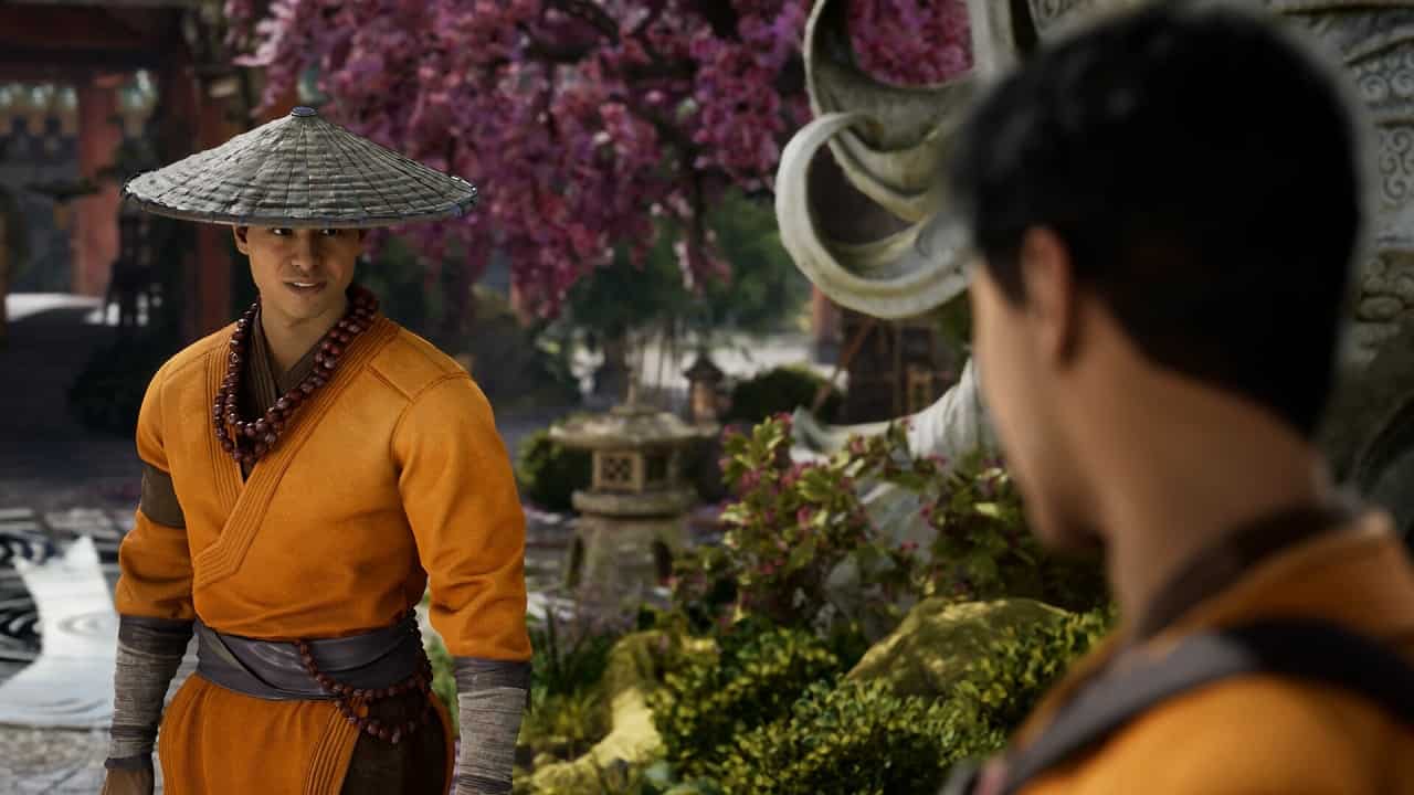 Mortal Kombat 1 Voice Actors: An image of the character Raiden in the game, dressed in a monk outfit with his hat.