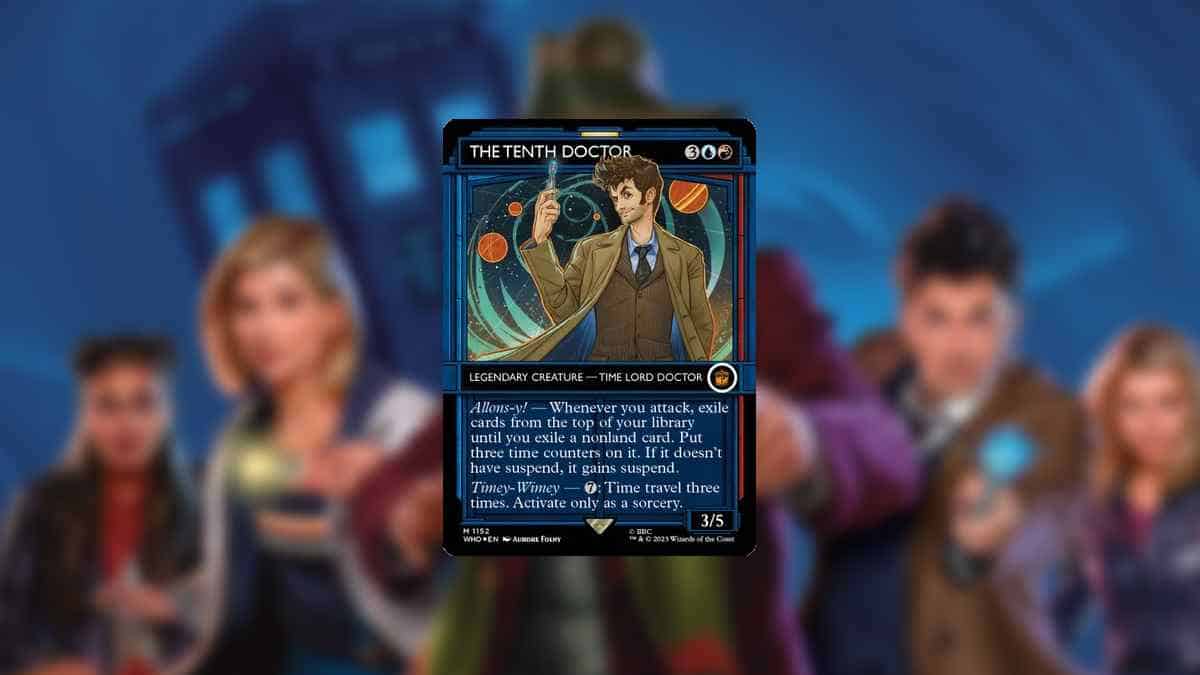 The 13 most expensive MTG Doctor Who cards: a trading card featuring the tenth doctor held in front of a blurred background of other people.