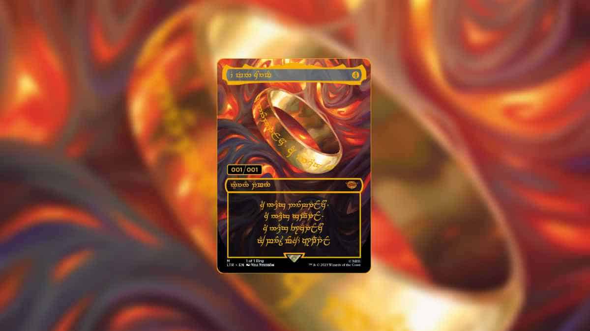 A colorful collectible card from the 13 most expensive MTG Lord of the Rings cards, with a golden ring and inscriptions, set against a swirling red and yellow background.