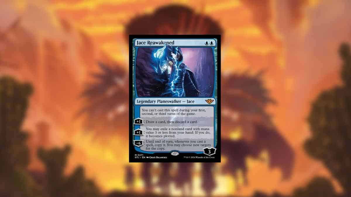 Most expensive MTG Outlaws of Thunder Junction cards: Jace Reawakened, a man wielding blue flames.