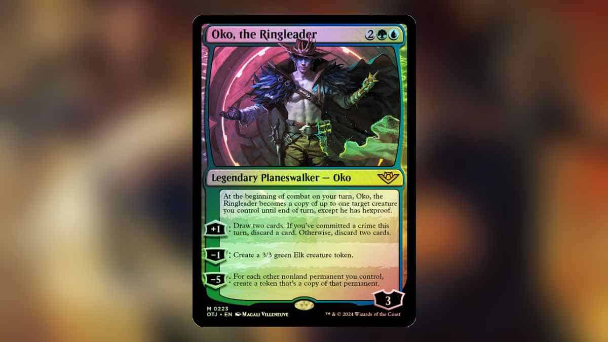 Magic: the gathering card "Oko, the ringleader," one of the most expensive Outlaws of Thunder Junction cards, featuring illustrated fantasy art of a male figure with antlers casting a spell
